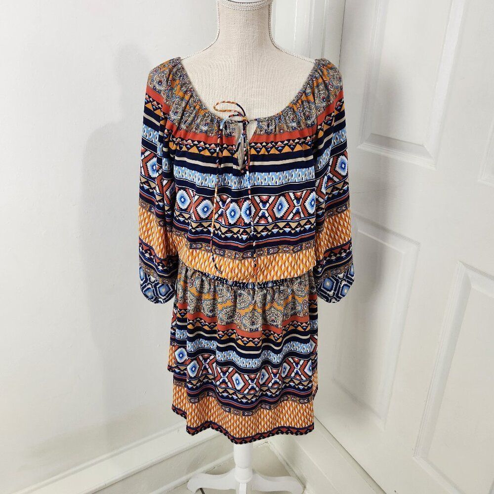 Betsey Johnson Dress Womens 12 Peasant Smocked Waist Boho Aztec Southwestern
